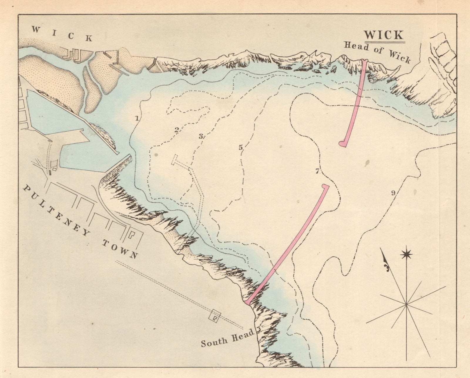 Wick Bay showing the proposed breakwaters. Scotland 1859 old antique map chart